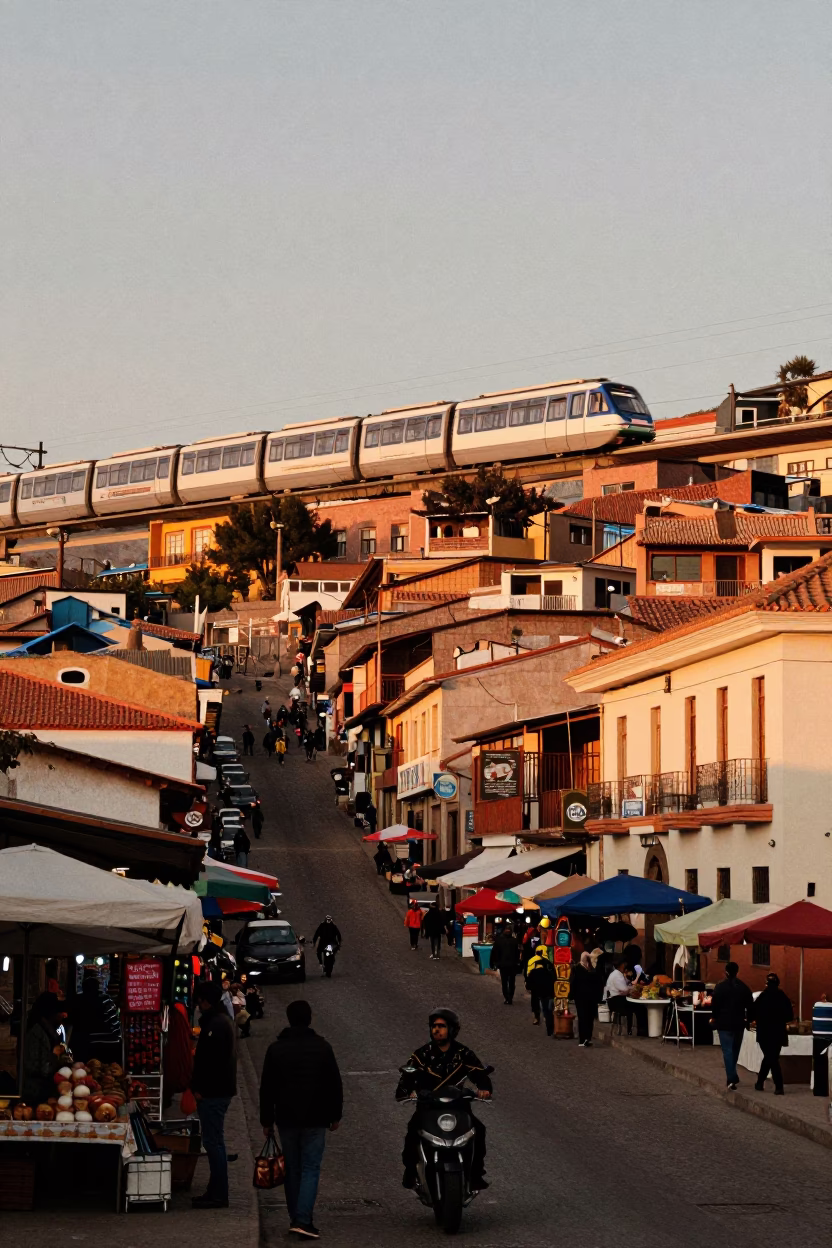 La Paz Bolivia Evening Street Scene with Monorail and Local Market Activity in in La Paz, Bolivia