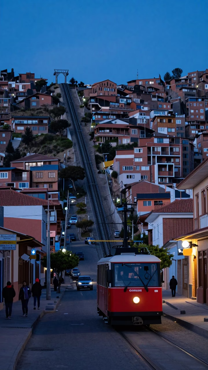 La Paz Bolivia Evening Street Scene with Mountain Cog Railway and Local Market Goods in in La Paz, Bolivia