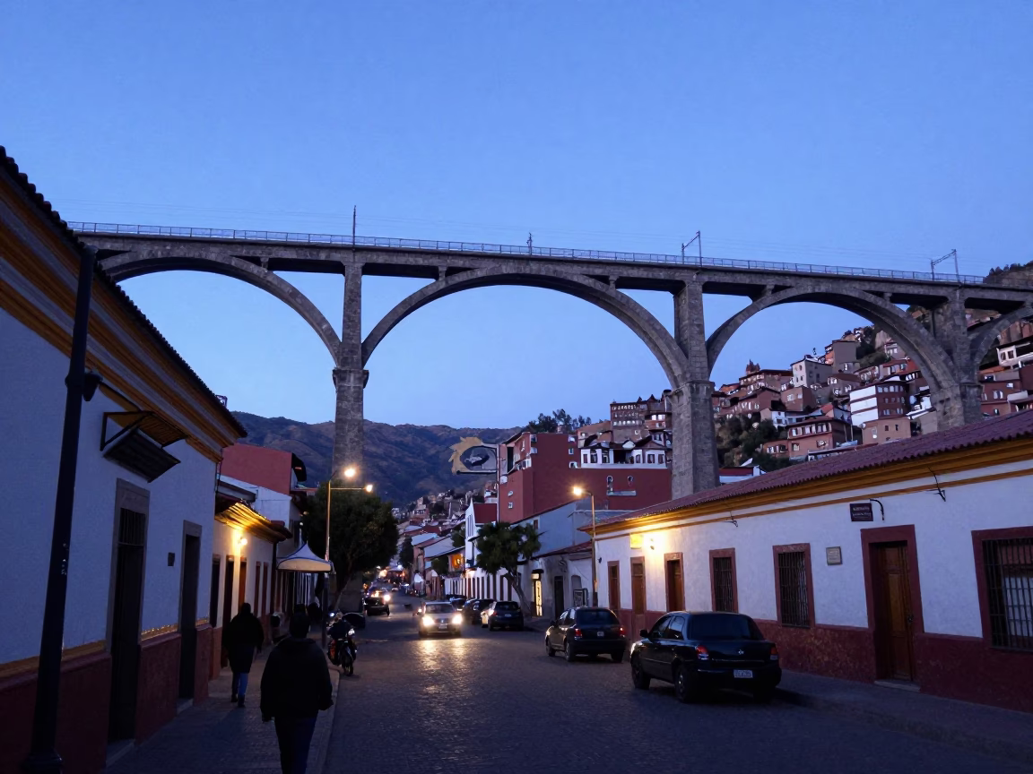 La Paz Bolivia Evening Street Scene with Railway Viaduct and Local Life in in La Paz, Bolivia