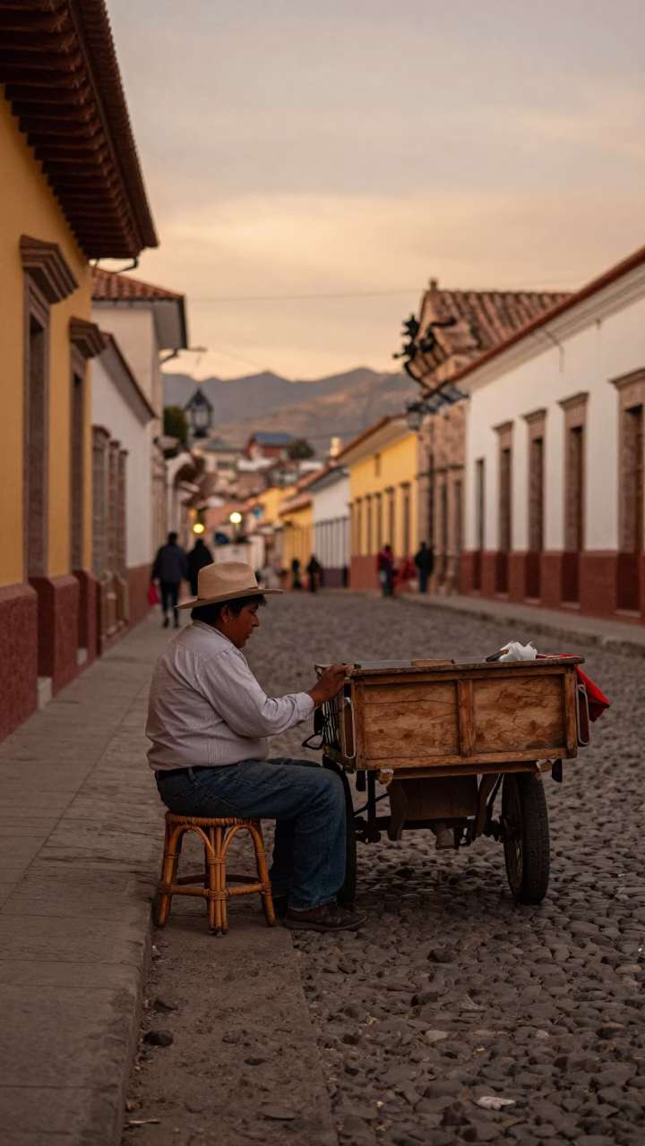 La Paz Bolivia Evening Street Scene with Rattan Stool and Local Vendor in in La Paz, Bolivia