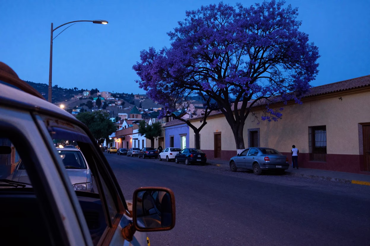 La Paz Bolivia evening street scene with rusted vehicle handle and purple jacaranda blooms in in La Paz, Bolivia
