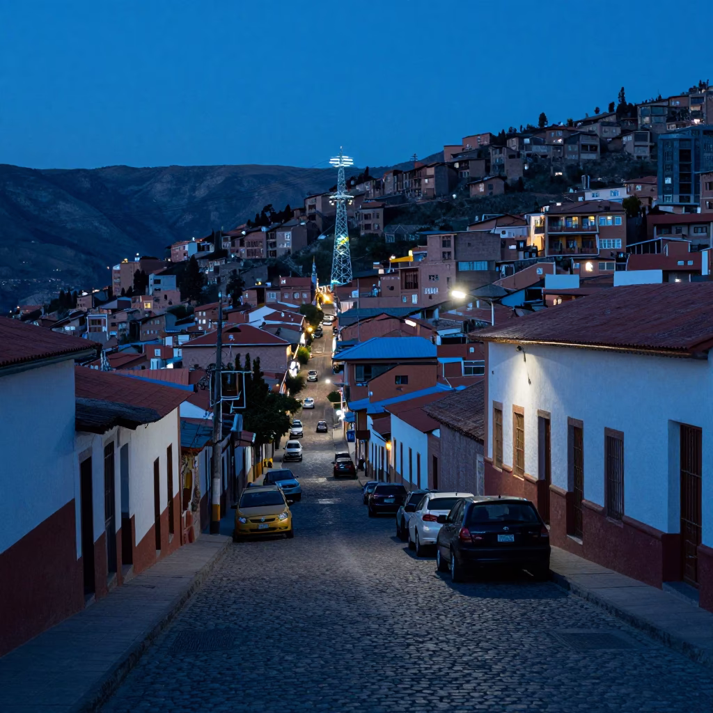 La Paz Bolivia Evening Street Scene with Substation Glow and Local Commerce in in La Paz, Bolivia