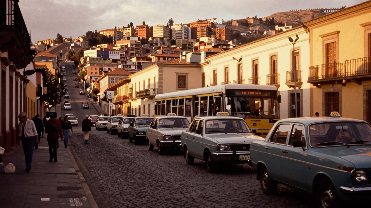 La Paz Bolivia Evening Street Scene with Taxi Rank and Urban Life in in La Paz, Bolivia