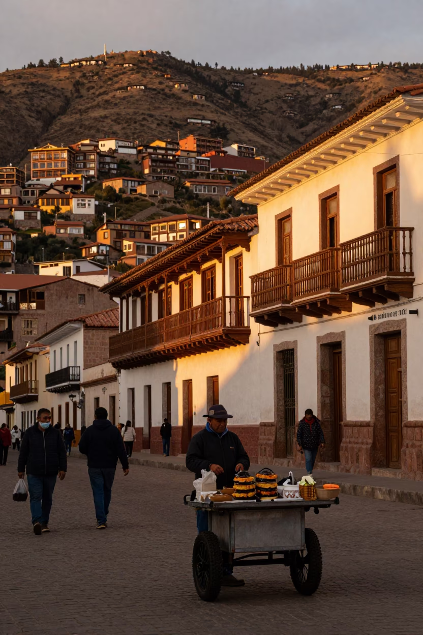 La Paz Bolivia Evening Street Scene with Traditional Food and Urban Architecture in in La Paz, Bolivia