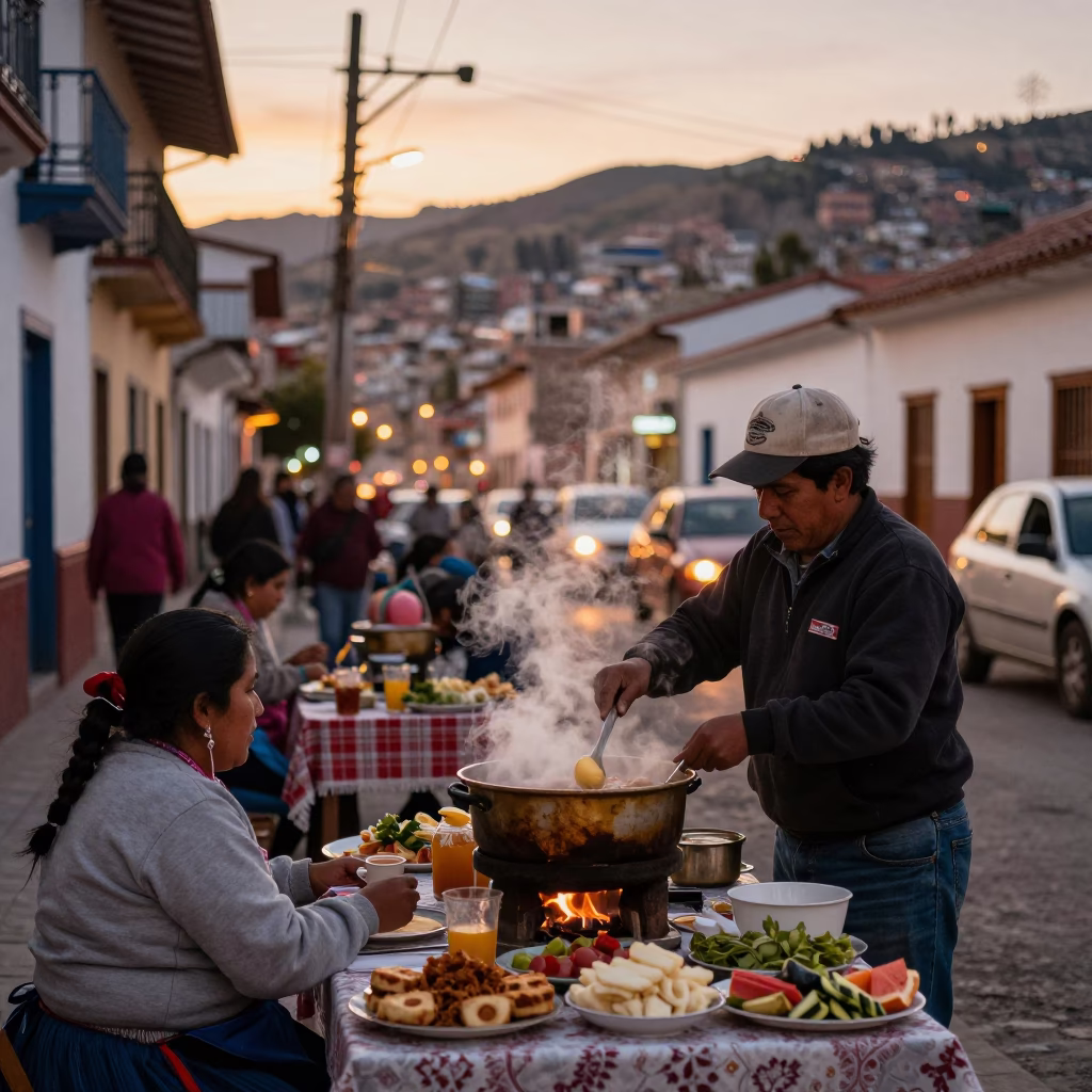 La Paz Bolivia Evening Street Scene with Traditional Food and Urban Landscape in in La Paz, Bolivia