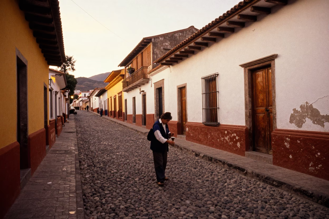 La Paz Bolivia Evening Street Scene with Turnbuckle and Carafe in Honeyed Light in in La Paz, Bolivia