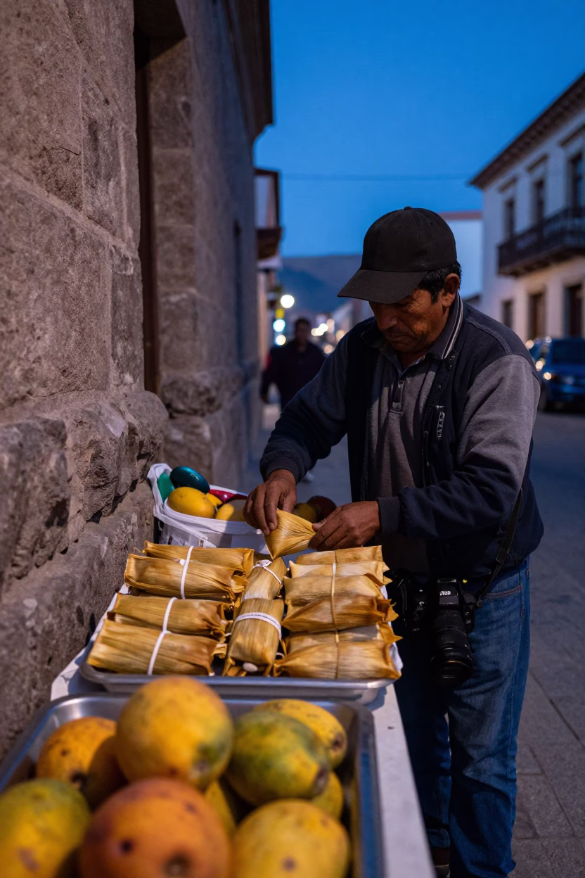 La Paz Bolivia Evening Street Scene with Unwrapped Tamales and Mango Lassi in in La Paz, Bolivia