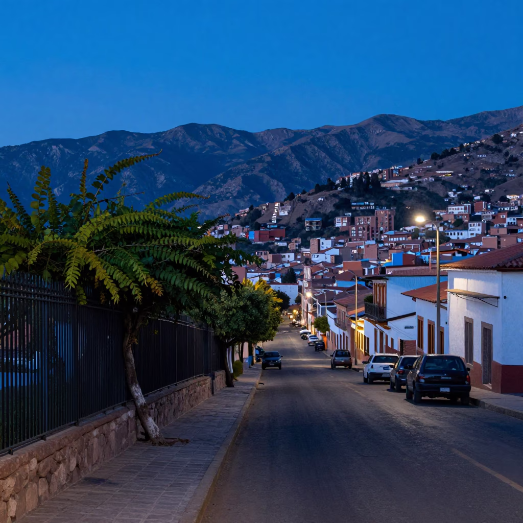 La Paz Bolivia Evening Street Scene with Vine and Substation Fence in Twilight in in La Paz, Bolivia