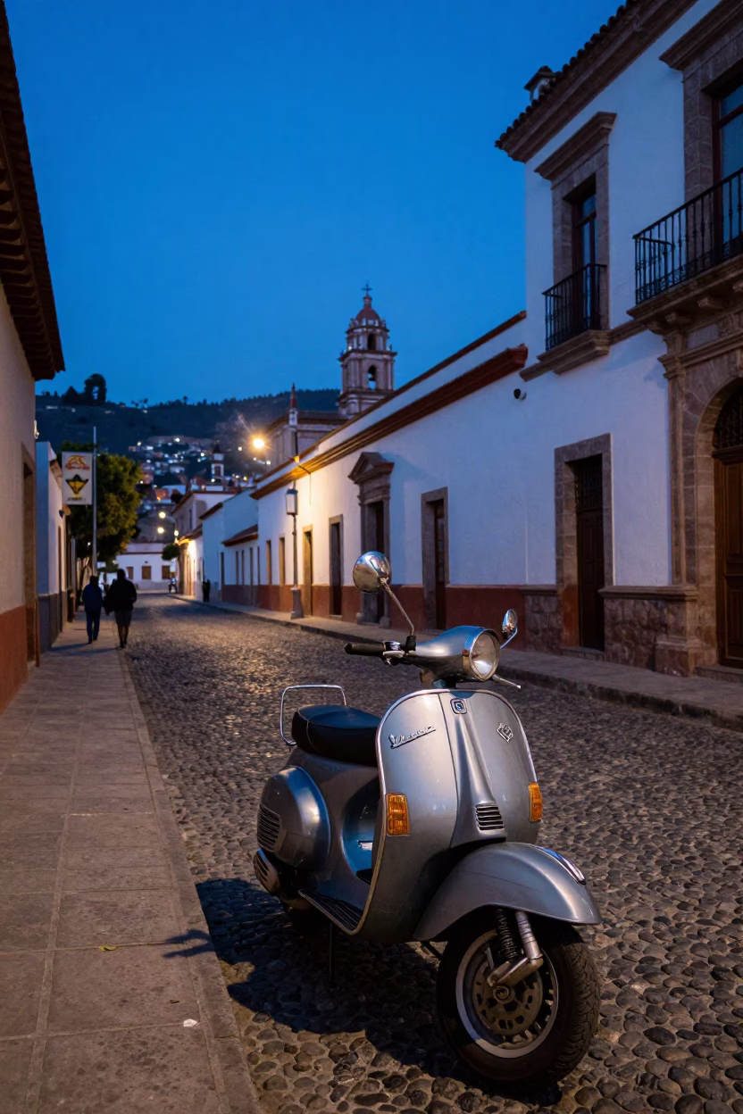 La Paz Bolivia Evening Street Scene with Vintage Vespa and Cobblestone Lane in in La Paz, Bolivia