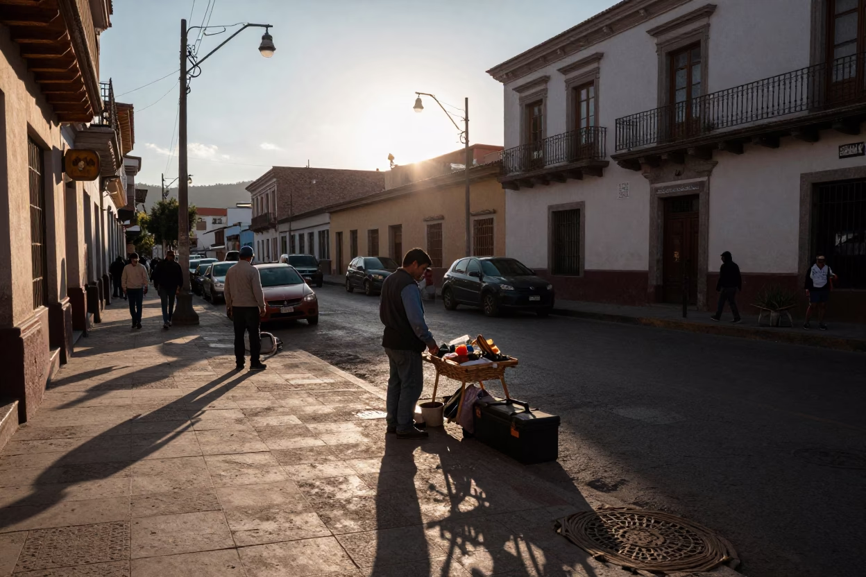 La Paz Bolivia Evening Street Scene with Wicker Shadow and Toolbox in in La Paz, Bolivia