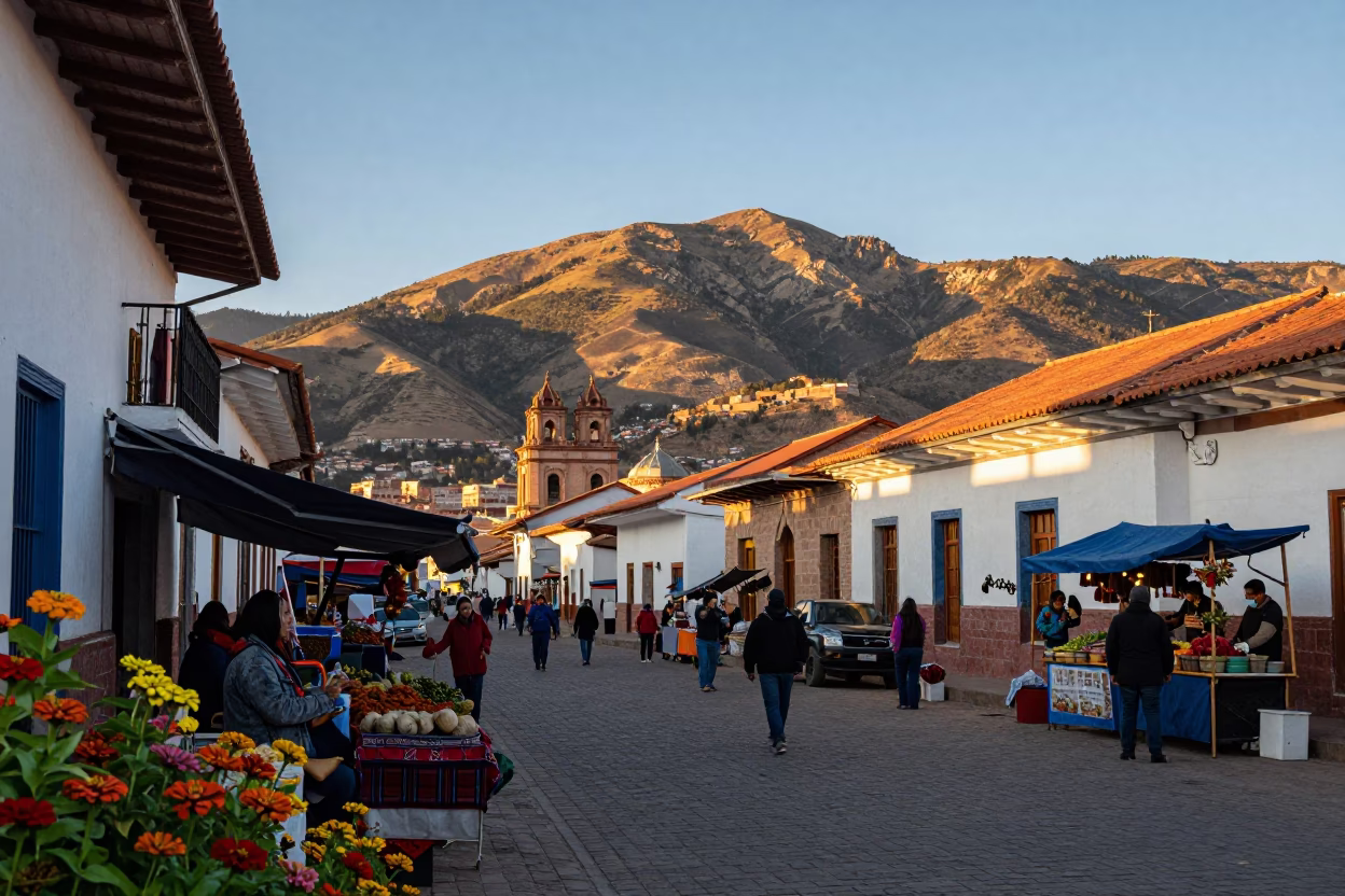 La Paz Bolivia Evening Street Scene with Zinnias and Traditional Market Elements in in La Paz, Bolivia