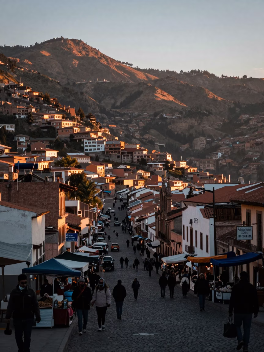 La Paz Bolivia First Light Dawn Street Scene with Local Market Activity in in La Paz, Bolivia