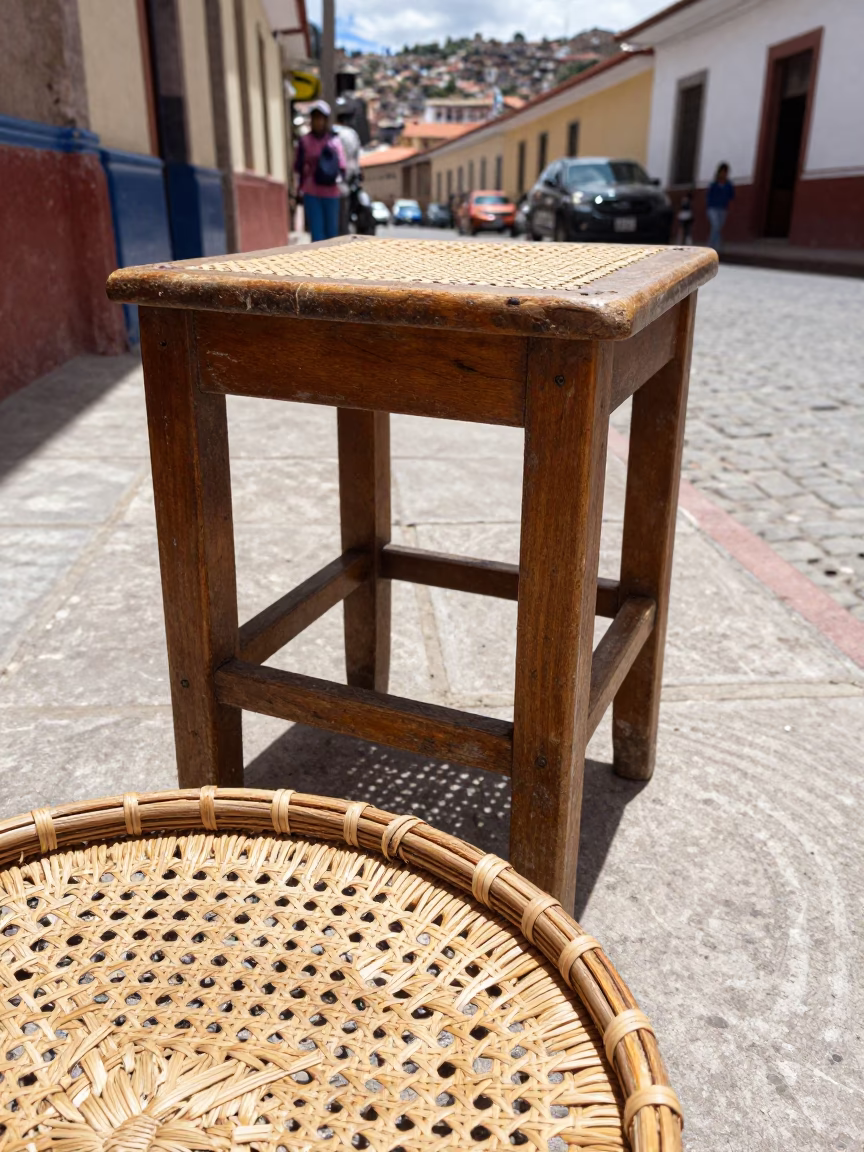 La Paz Bolivia Flat Noon Light Woven Cane Texture Kitchen Stool Scene in in La Paz, Bolivia