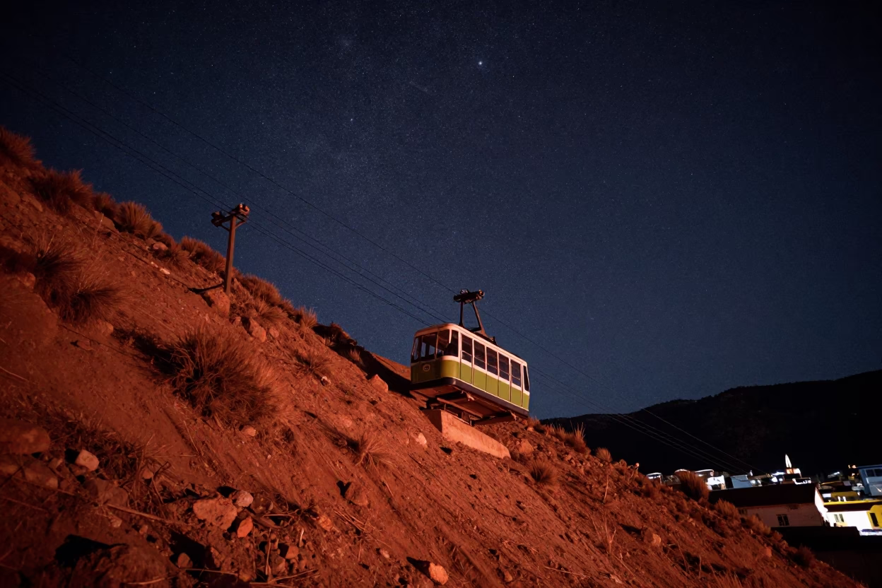 La Paz Bolivia Funicular Climbing Steep Hill Under Deep Night Sky Realistic Photograph in in La Paz, Bolivia