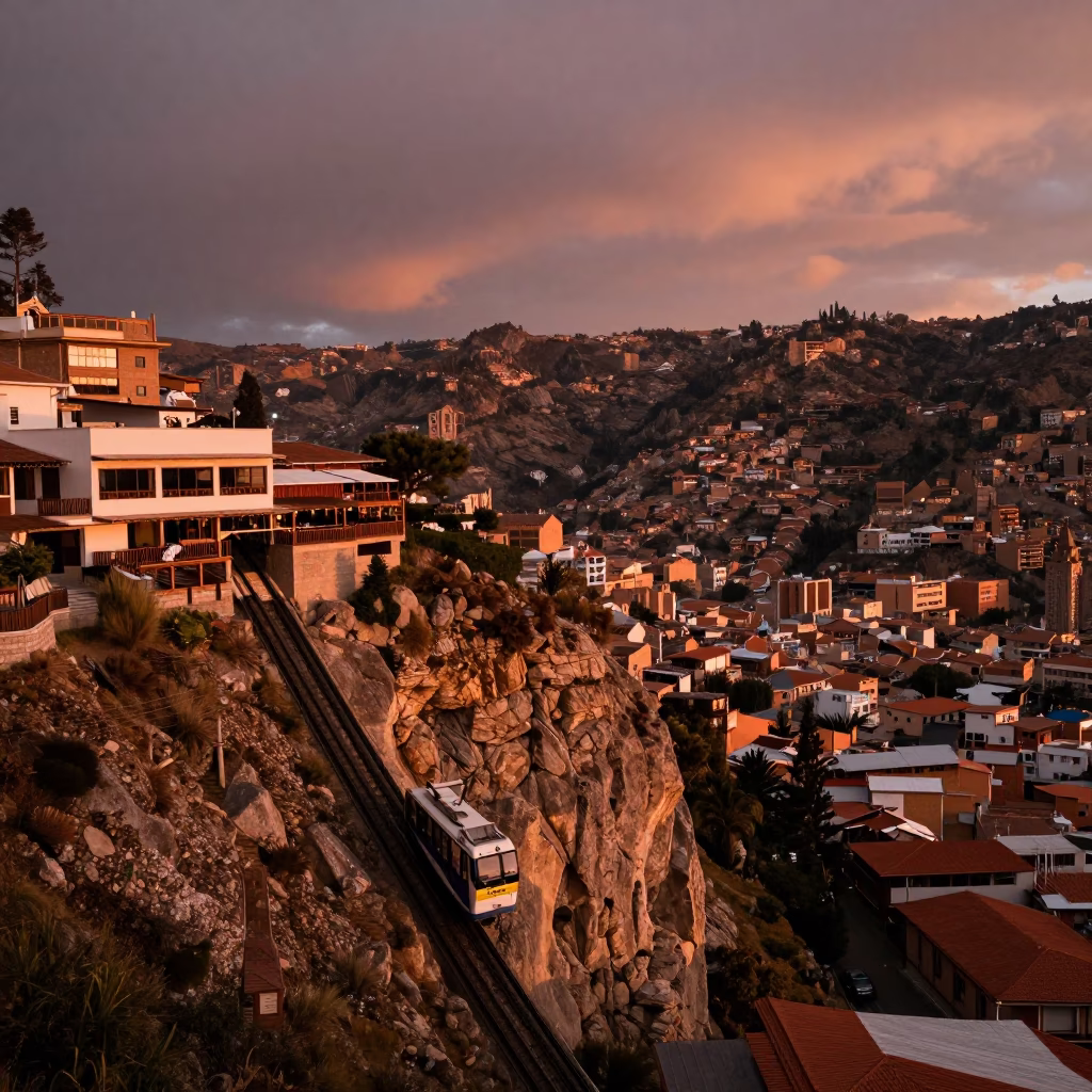 La Paz Bolivia Funicular Railway Cliffside Restaurant Copper Dusk Landscape Horizon Shot in in La Paz, Bolivia