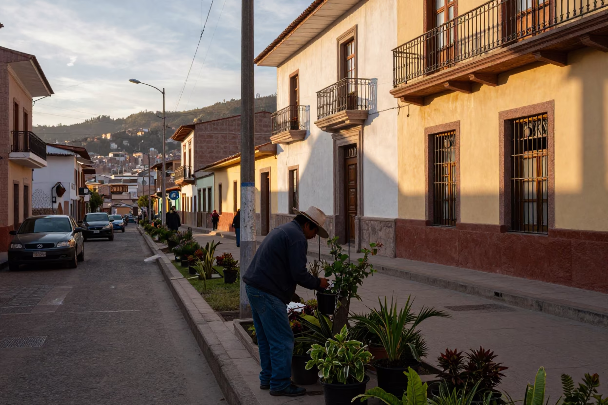 La Paz Bolivia Golden Hour Street Scene with Gardener and Urban Elements in in La Paz, Bolivia