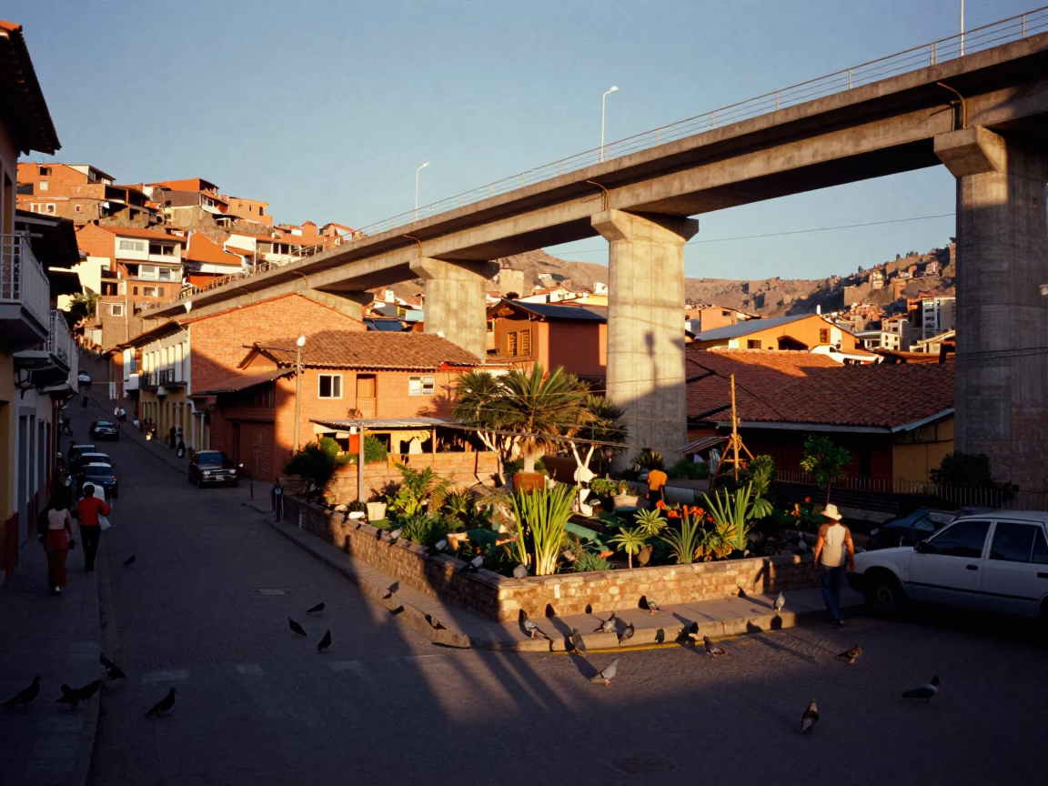 La Paz Bolivia Golden Hour Street Scene with Pigeons and Viaduct Shadows in in La Paz, Bolivia