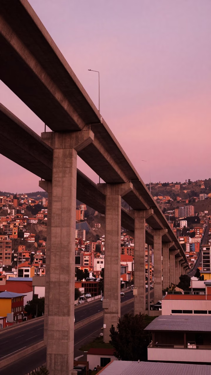 La Paz Bolivia Highway Flyover Stack Against Copper Toned Evening Sky Before Dusk in in La Paz, Bolivia