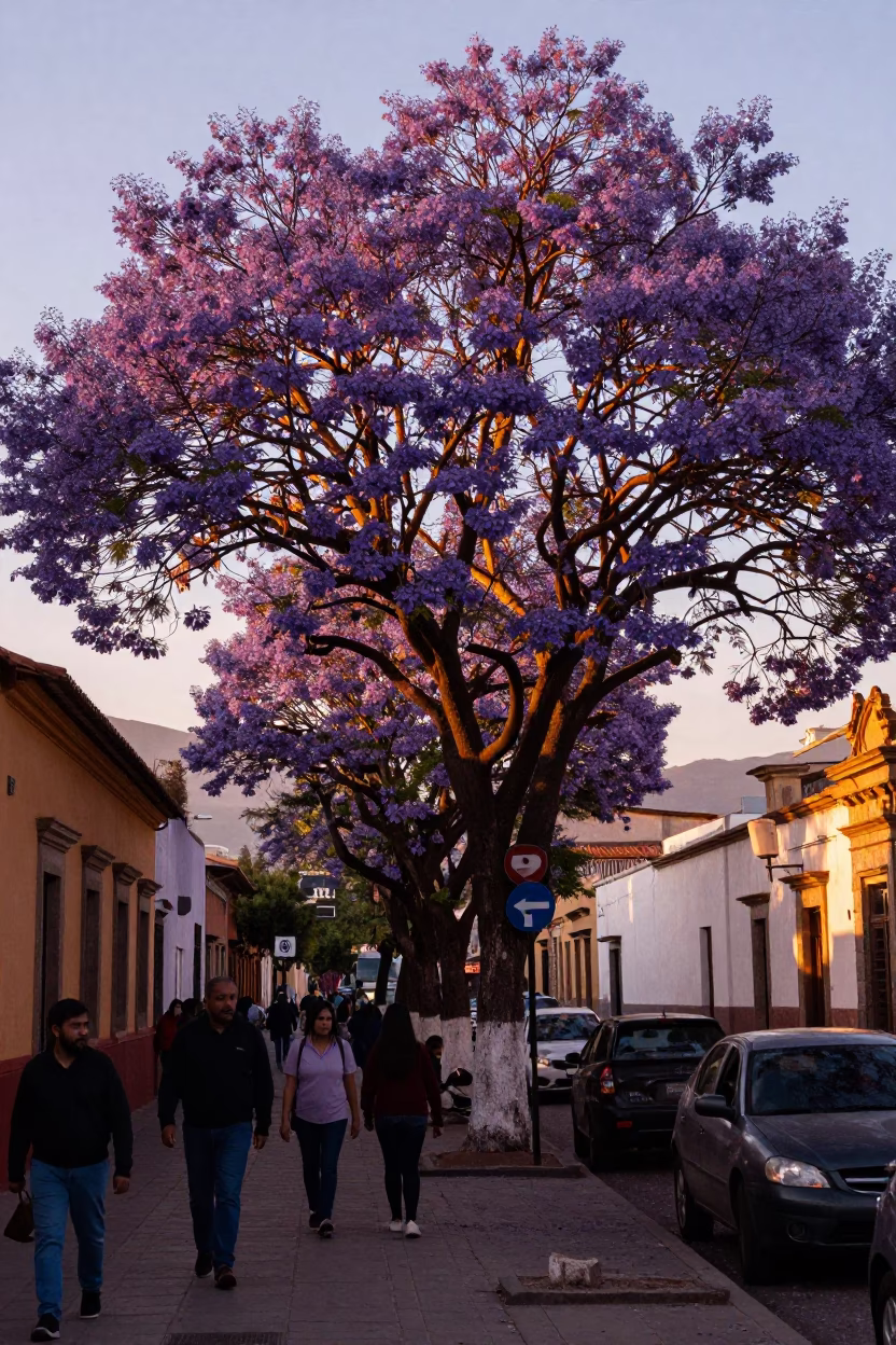La Paz Bolivia Honeyed Evening Light Jacaranda Tree Purple Bloom Street Scene in in La Paz, Bolivia