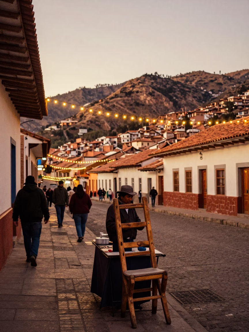 La Paz Bolivia Honeyed Evening Street Scene with String Lights and Ladder-Back Chair in in La Paz, Bolivia