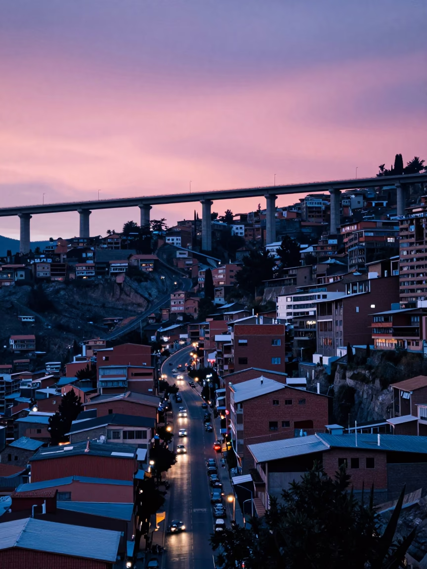 La Paz Bolivia Indigo Twilight Highway Flyover and Andean Street Scene in in La Paz, Bolivia