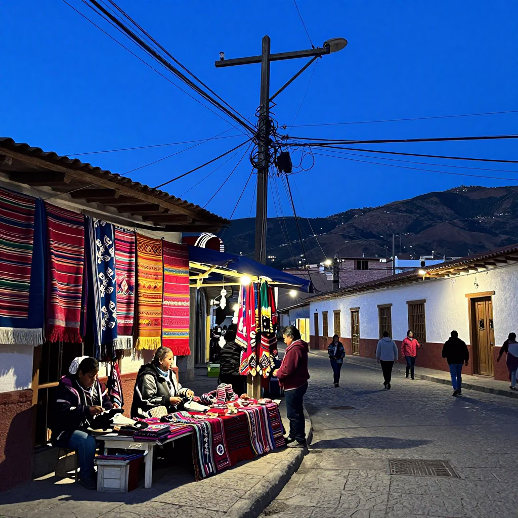 La Paz Bolivia indigo twilight street scene with colorful textiles and urban architecture in in La Paz, Bolivia