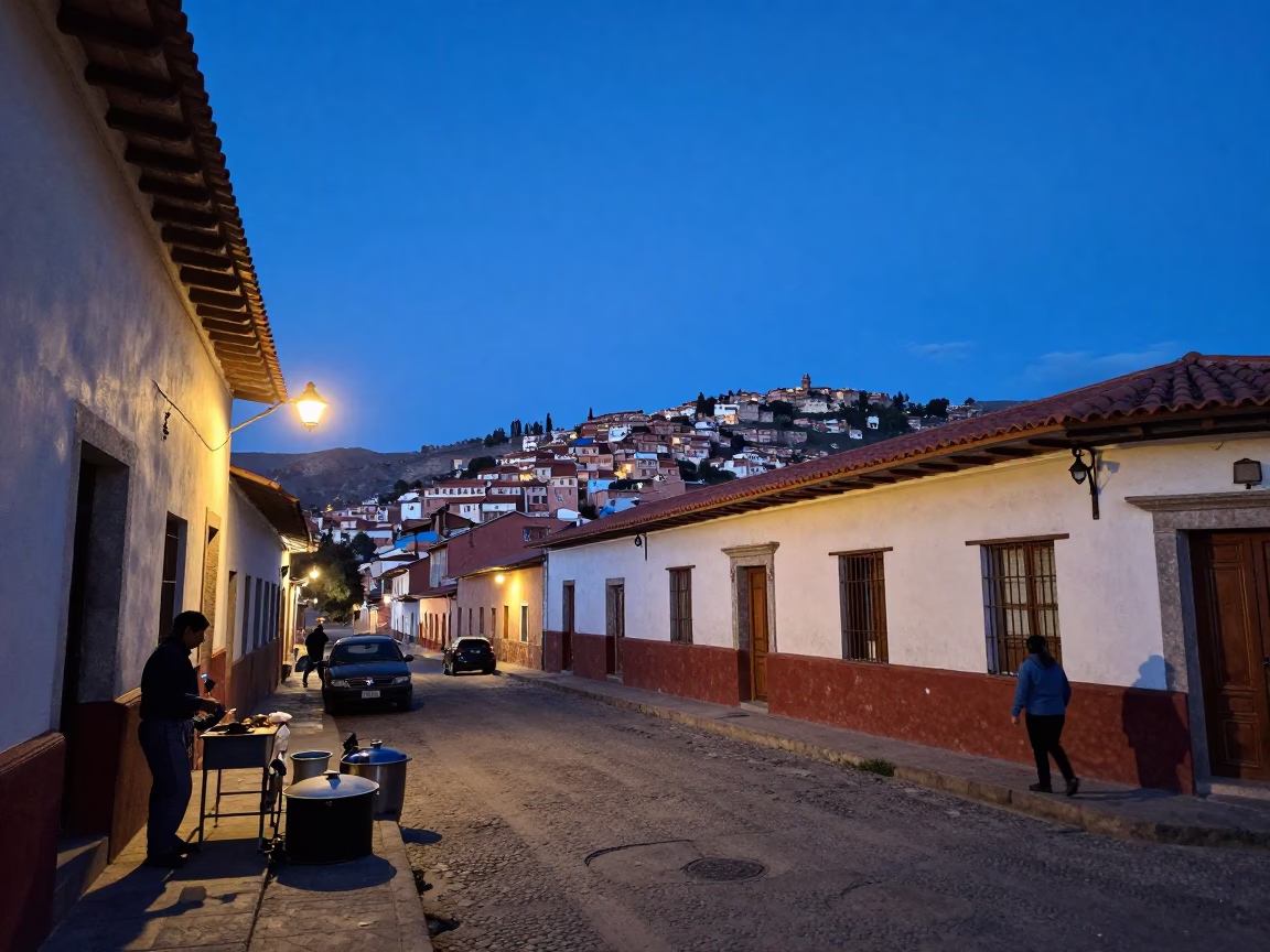 La Paz Bolivia Indigo Twilight Street Scene with Cooking Pot and Paper Lanterns in in La Paz, Bolivia