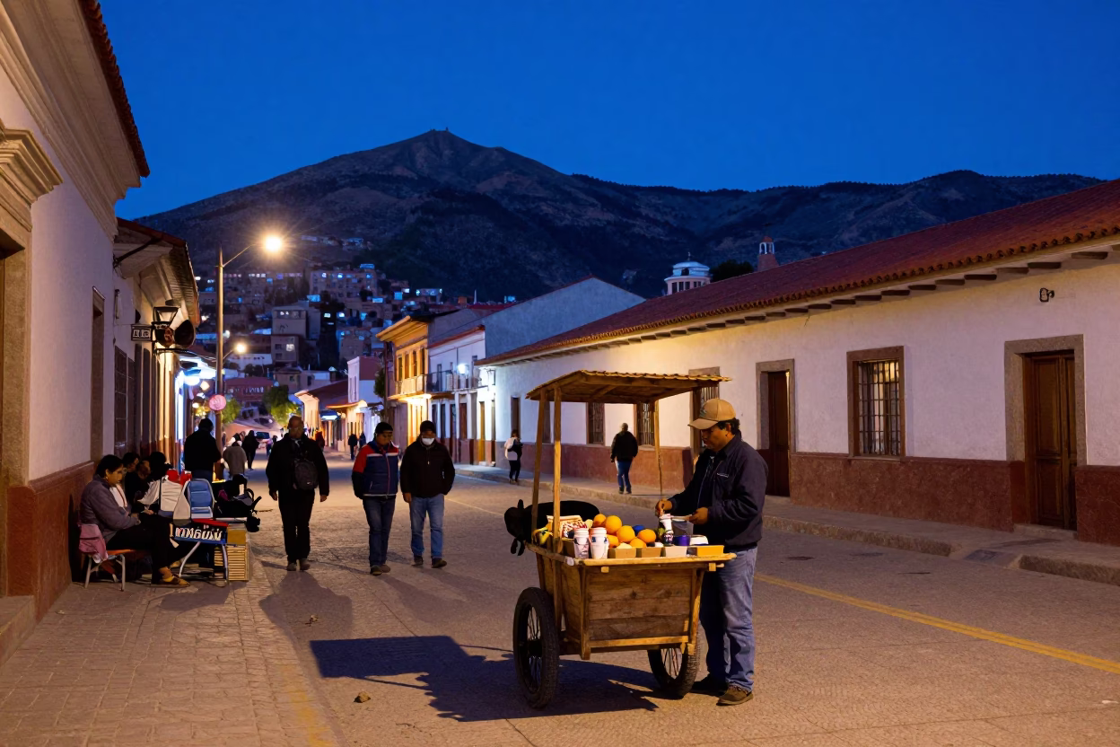 La Paz Bolivia indigo twilight street scene with local commerce and urban landscape in in La Paz, Bolivia