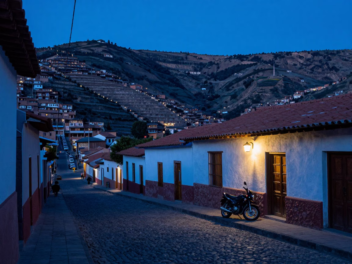 La Paz Bolivia indigo twilight street scene with parked motorcycle near mountain teahouse in in La Paz, Bolivia