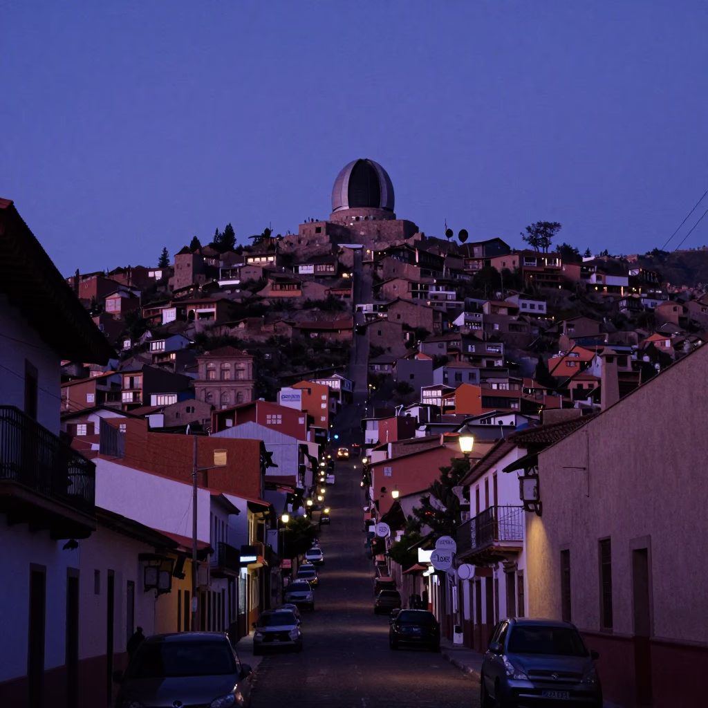 La Paz Bolivia Indigo Twilight Street Scene with Stone Observatory Hilltop and Local Life in in La Paz, Bolivia