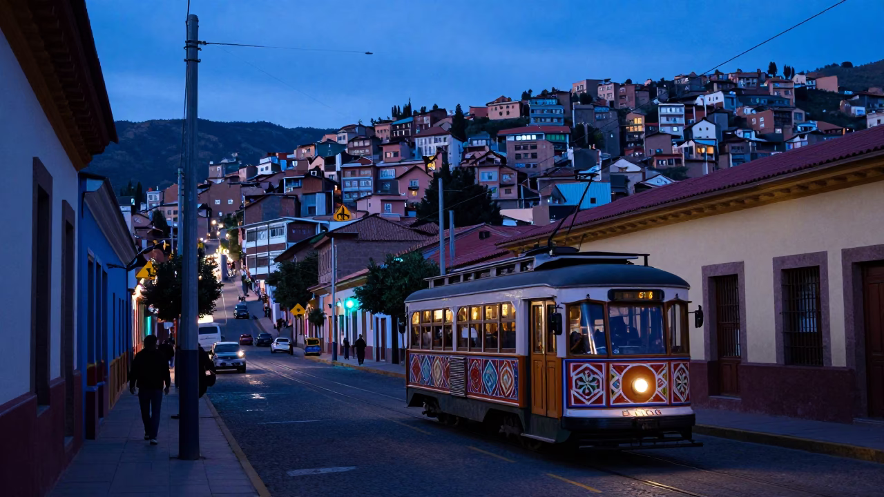 La Paz Bolivia indigo twilight street scene with tramcar and urban life in in La Paz, Bolivia