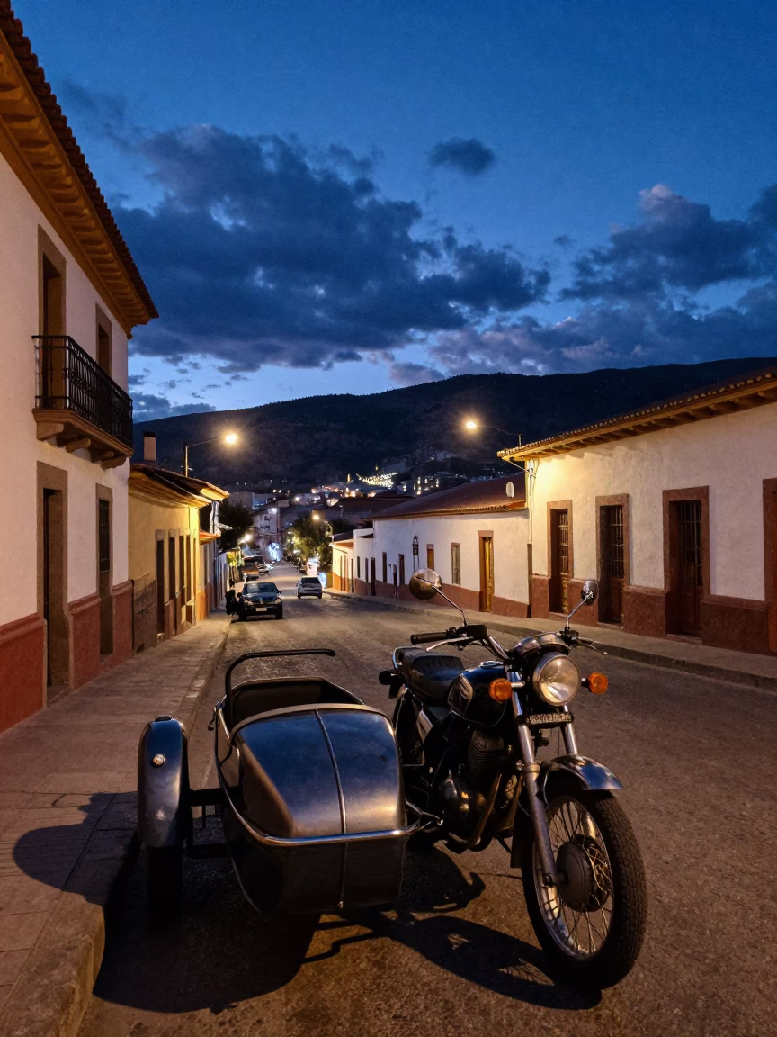 La Paz Bolivia Indigo Twilight Street Scene With Vintage Motorcycle Sidecar And Local Traffic in in La Paz, Bolivia