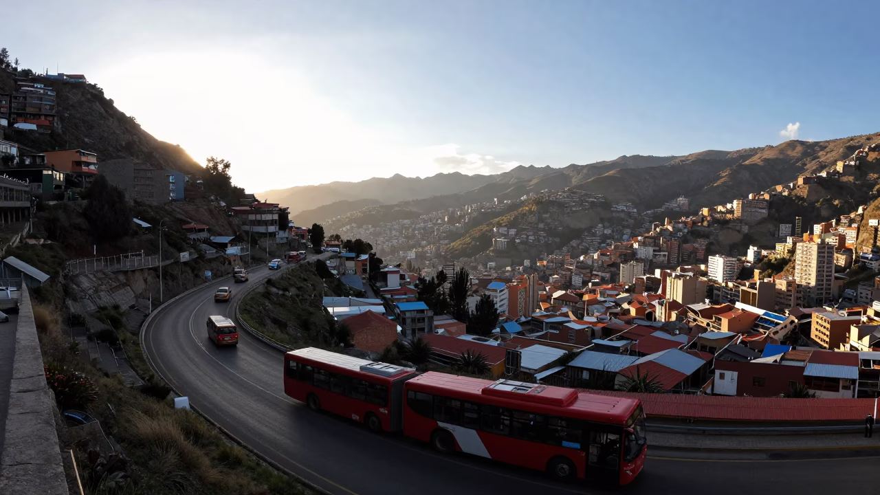 La Paz Bolivia late afternoon cityscape with buses and mountains in in La Paz, Bolivia