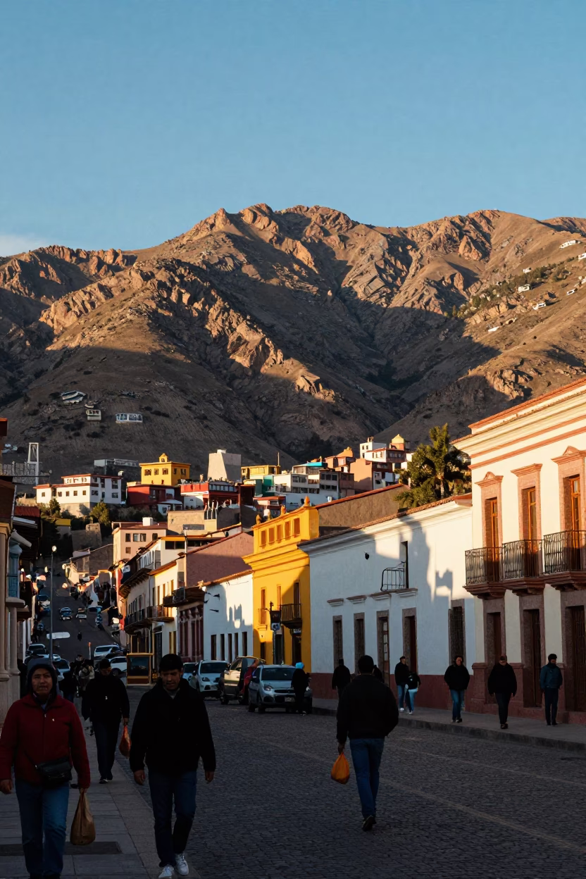 La Paz Bolivia Late Afternoon Street Scene With Andean Mountains And Local Life in in La Paz, Bolivia