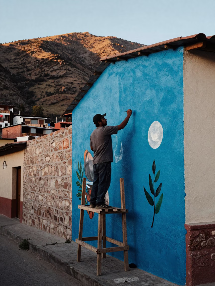 La Paz Bolivia Late Morning Street Mural Artist Painting Urban Art Scene in in La Paz, Bolivia