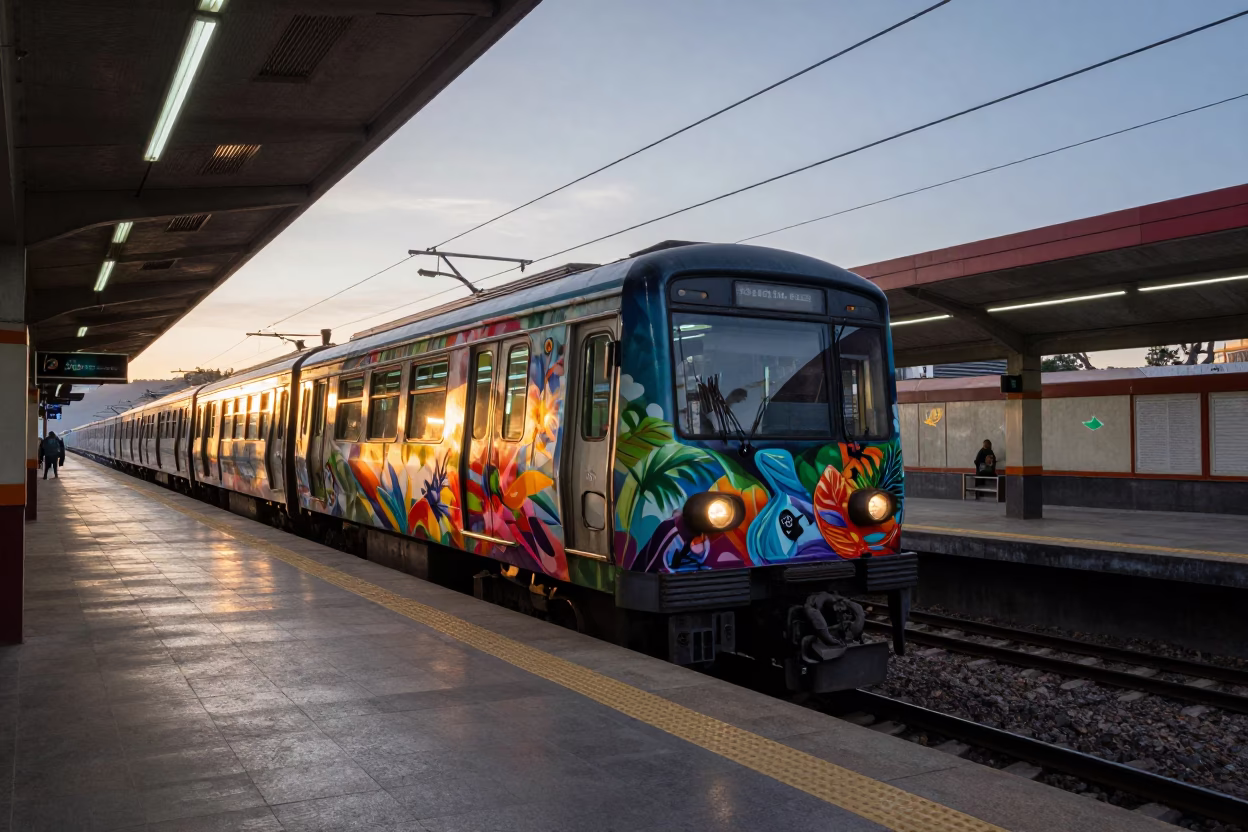 La Paz Bolivia Metro Train Art Adorned Station Pre Sunrise Realistic Photograph in in La Paz, Bolivia