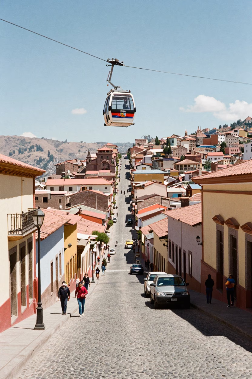 La Paz Bolivia Midday Street Scene with Aerial Tramway and Urban Life in in La Paz, Bolivia
