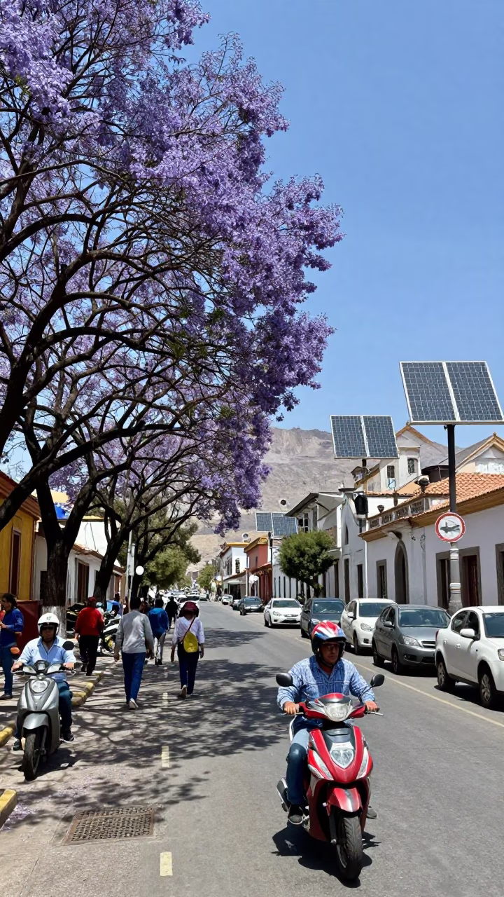 La Paz Bolivia Midday Street Scene With Jacaranda Trees And Solar Arrays in in La Paz, Bolivia