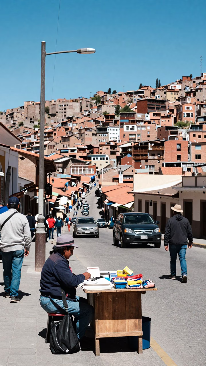 La Paz Bolivia Midday Street Scene with Mechanical Pencil Detail in in La Paz, Bolivia