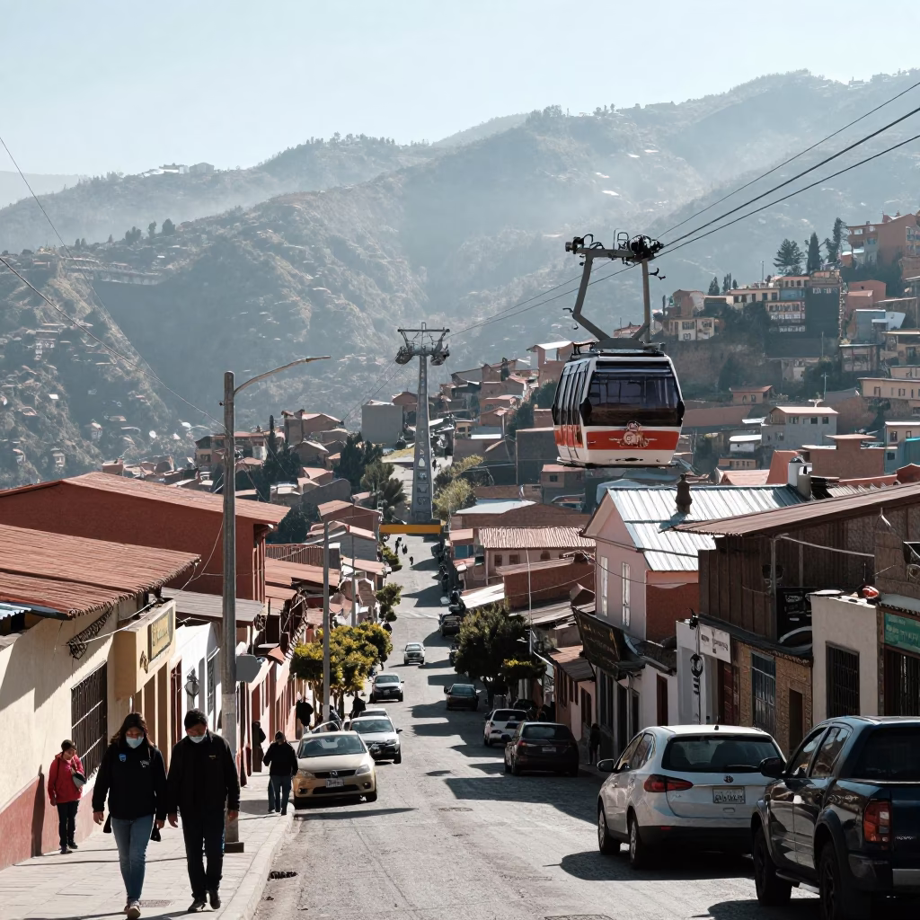 La Paz Bolivia Midmorning Street Scene with Aerial Tramway and Local Market Activity in in La Paz, Bolivia