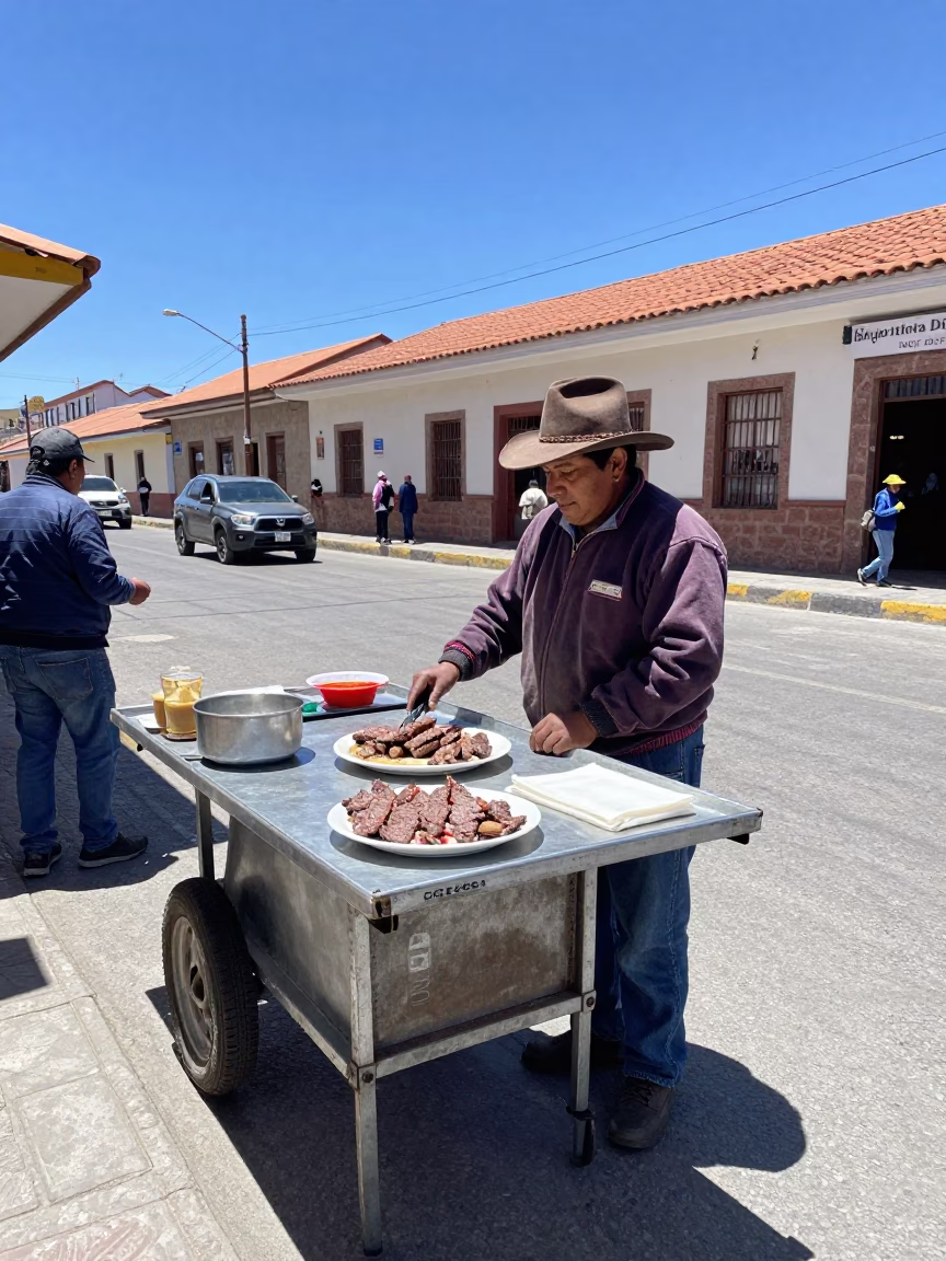 La Paz Bolivia Midmorning Street Scene with Traditional Food Vendor and Urban Landscape in in La Paz, Bolivia