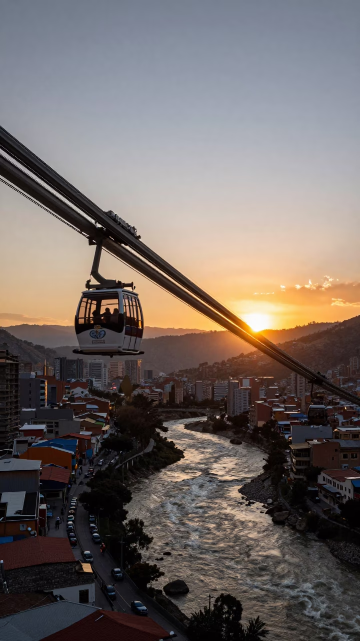 La Paz Bolivia Monorail Cable Car Sunset Cityscape Evening Light in in La Paz, Bolivia