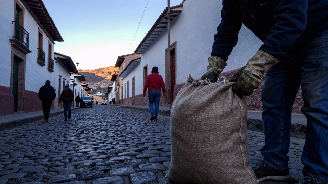 La Paz Bolivia Morning Street Scene with Workers and Cobblestones Before Sunrise in in La Paz, Bolivia