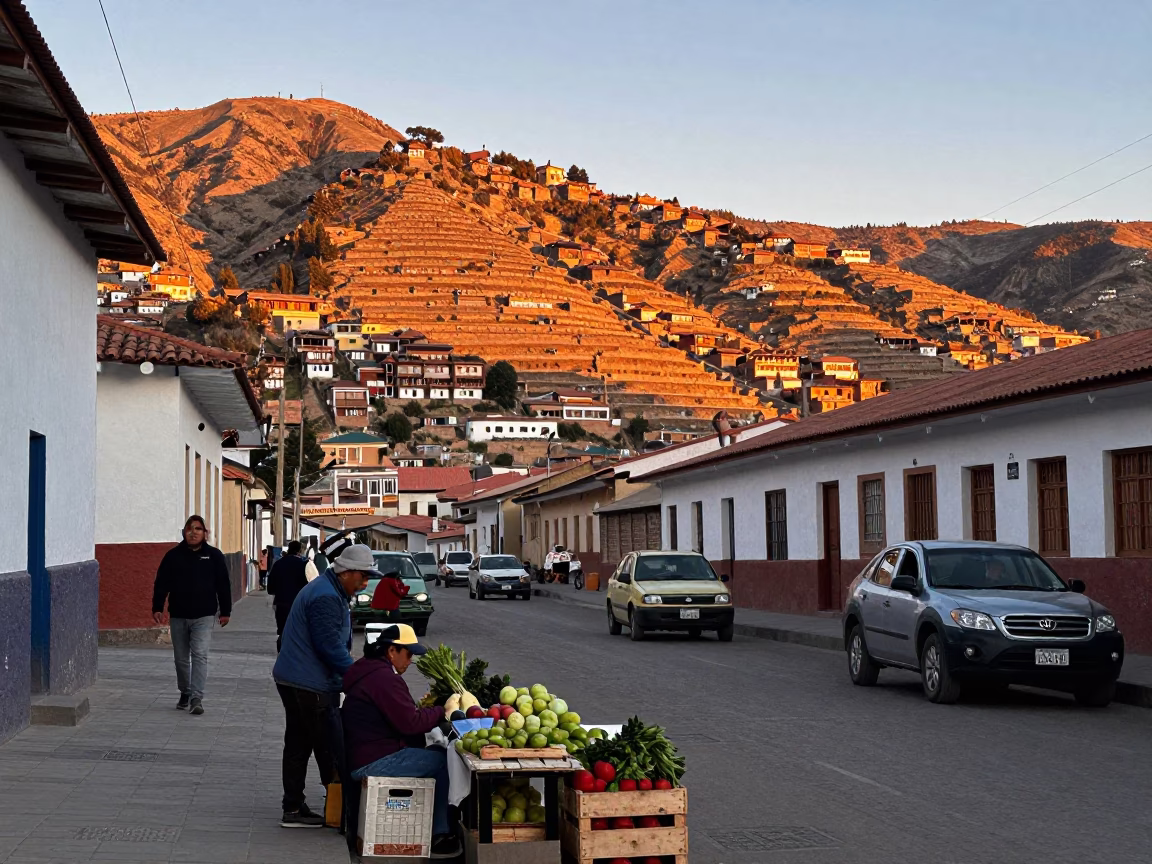 La Paz Bolivia Nautical Dawn Street Scene With Local Commerce And Andean Architecture in in La Paz, Bolivia