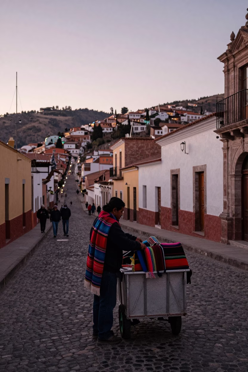 La Paz Bolivia Nautical Dawn Street Scene with Scarf and Urban Details in in La Paz, Bolivia