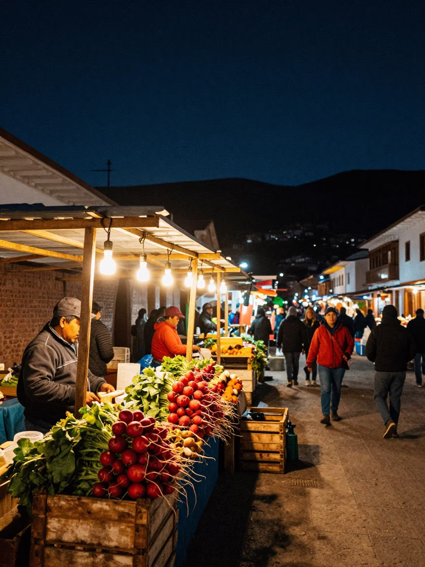 La Paz Bolivia Night Market Radish Stalls Under Deep Night Sky in in La Paz, Bolivia