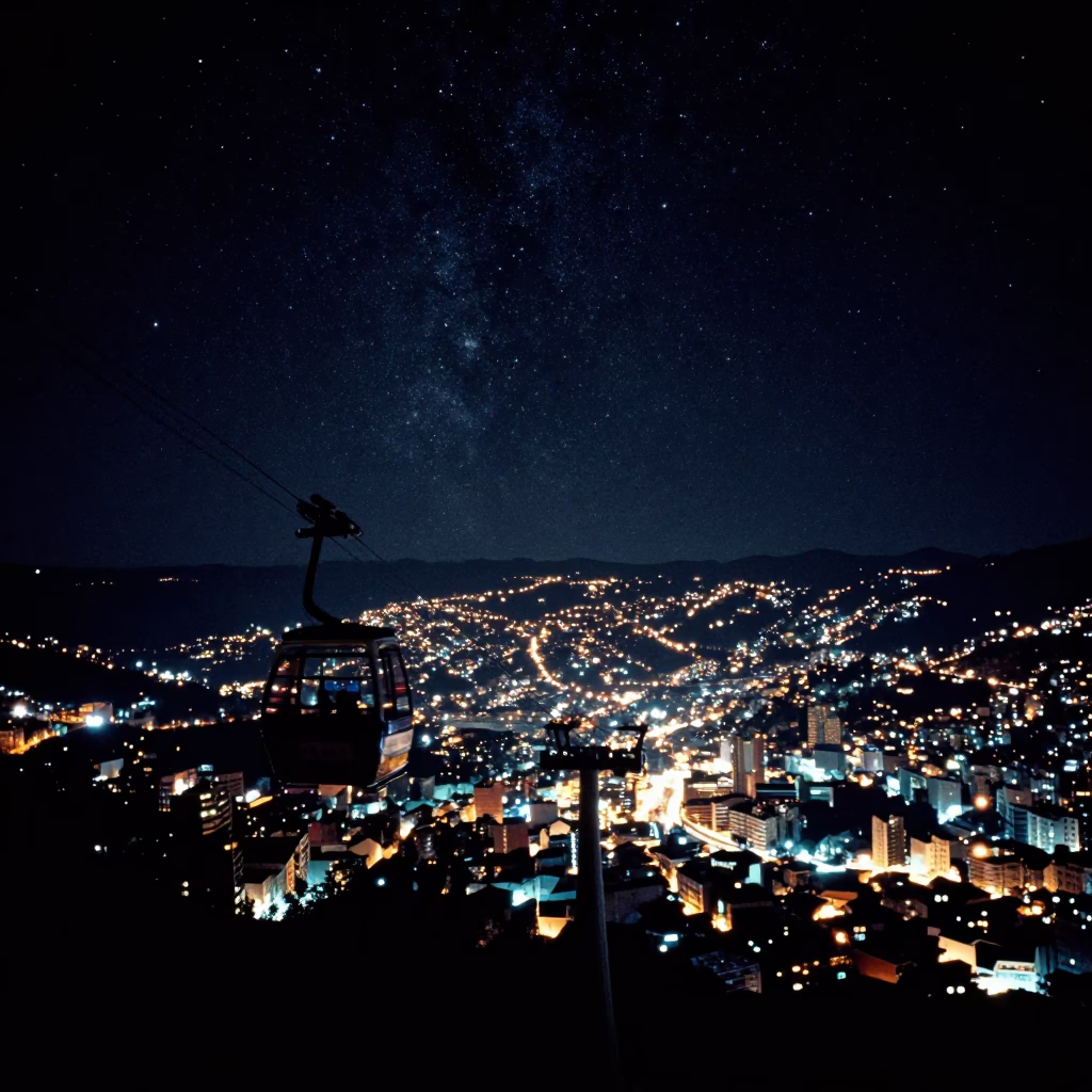 La Paz Bolivia Night Sky Above Cable Cars and Urban Lights in in La Paz, Bolivia