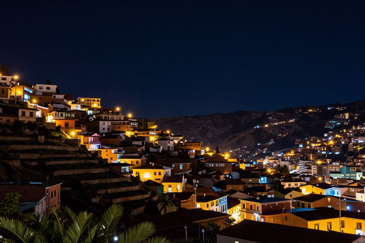 La Paz Bolivia Night Sky Over Colonial Architecture and City Lights in in La Paz, Bolivia