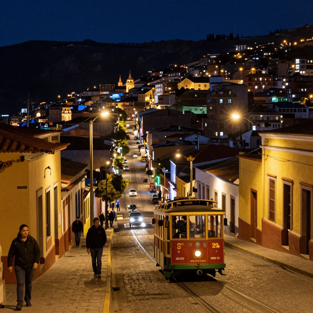 La Paz Bolivia Night Street Scene with Cable Car and City Lights in in La Paz, Bolivia