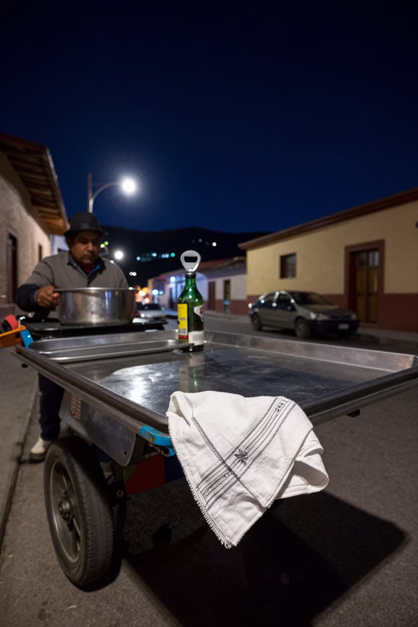 La Paz Bolivia Night Street Scene with Handkerchief and Bottle Opener Under Deep Sky in in La Paz, Bolivia